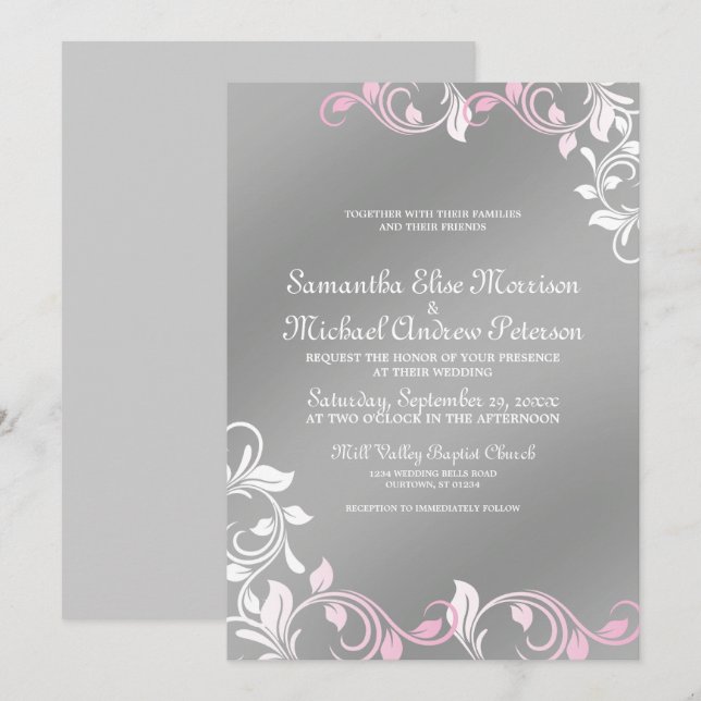 Pink|Silver Wedding Invitation (Front/Back)