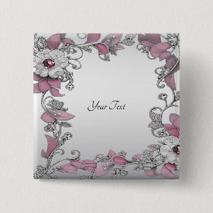 Pink Silver White Floral Button