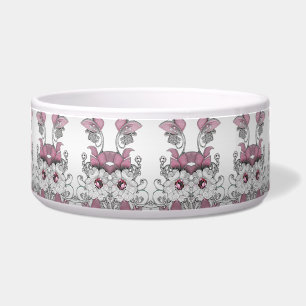 Pink Silver White Floral Ceramic Pet Bowl