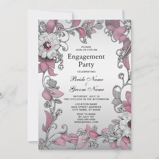 Pink Silver White Floral Engagement Invitation (Front)