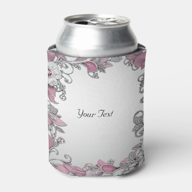 Pink Silver White Floral Favour Can Cooler (Can Front)