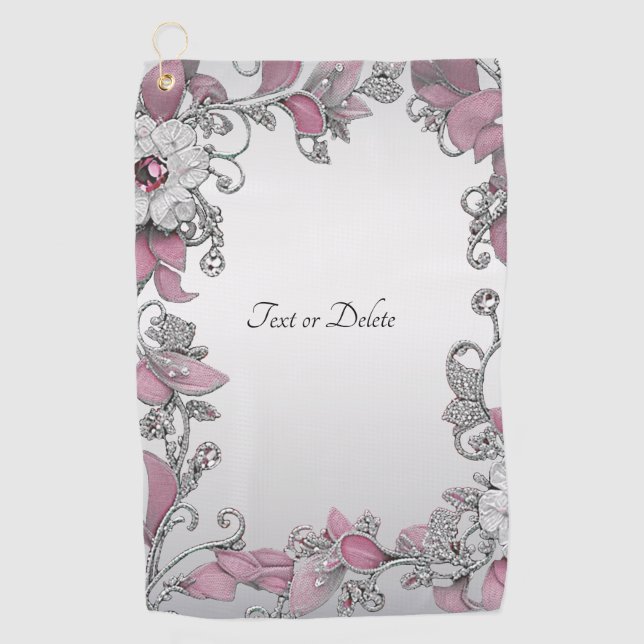 Pink Silver White Floral Golf Towel (Front)