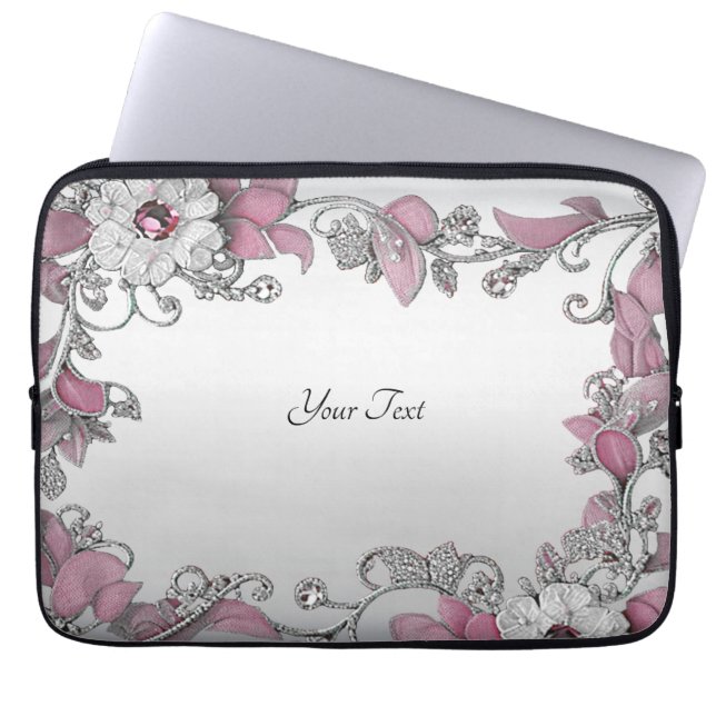 Pink Silver White Floral Laptop Sleeve (Front)