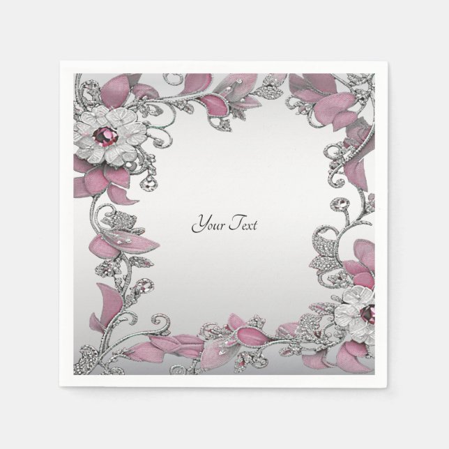 Pink Silver White Floral Napkins (Front)