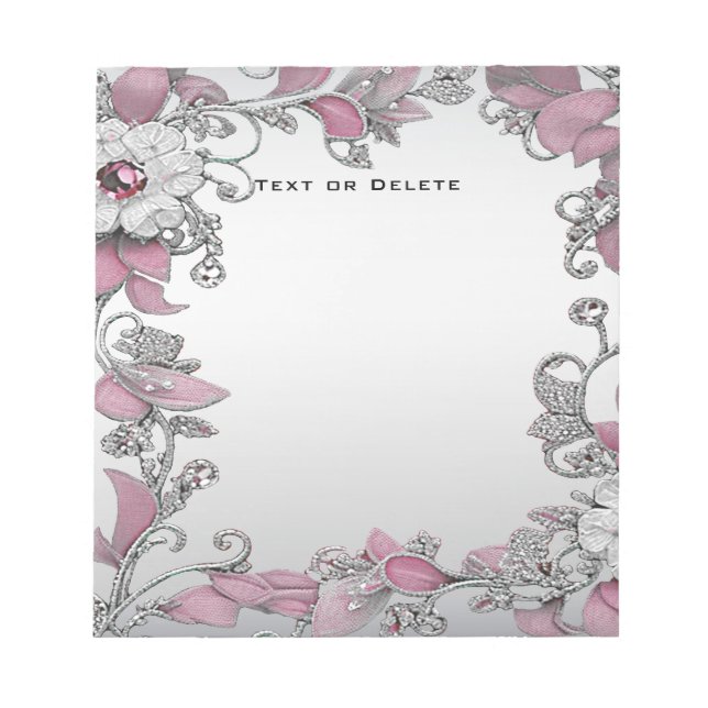 Pink Silver White Floral Notepad (Front)