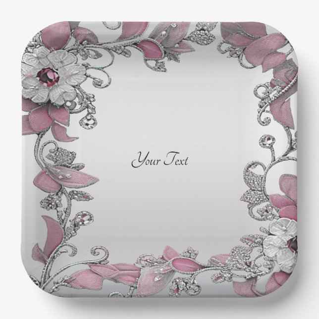 Pink Silver White Floral Paper Plate (Front)