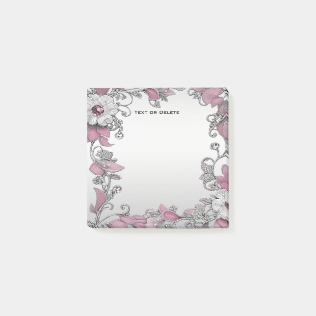 Pink Silver White Floral Post it Notes (Front)
