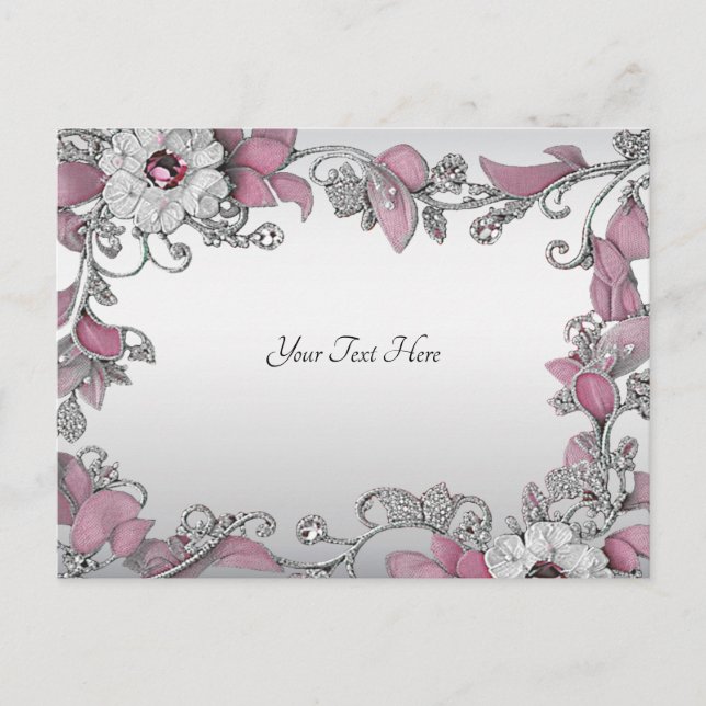 Pink Silver White Floral Postcard (Front)