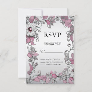 Pink Silver White Floral RSVP Card
