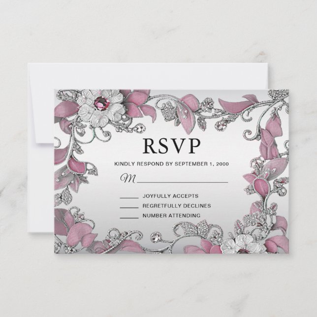 Pink Silver White Floral RSVP Card (Front)