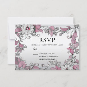 Pink Silver White Floral RSVP Card