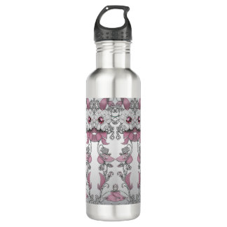 Pink Silver White Floral Water Bottle