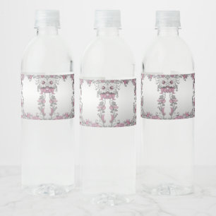 Pink Silver White Floral Water Bottle Label