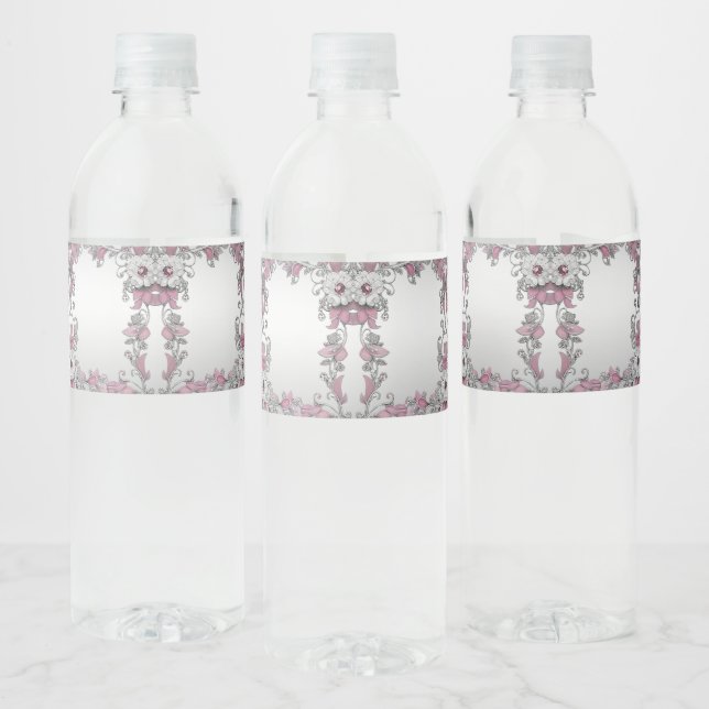 Pink Silver White Floral Water Bottle Label (Bottles)