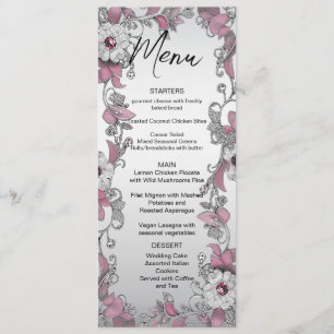 Pink Silver White Floral Wedding Menu
