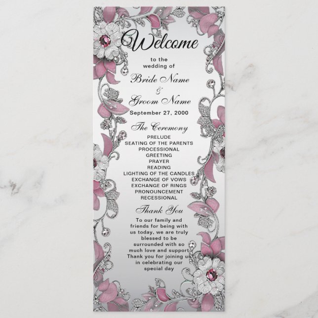 Pink Silver White Floral Wedding Program Programme (Front)