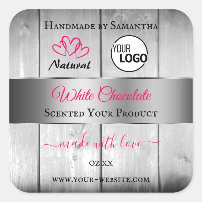 Pink Silver White Wood Grain Product Labels Logo (Front)