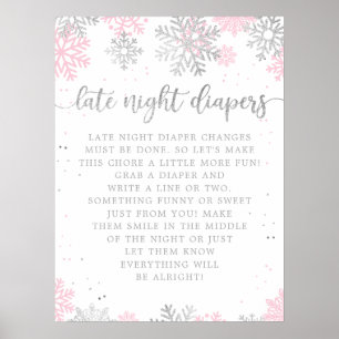 Pink Silver Winter Late Night Diapers Baby Shower Poster