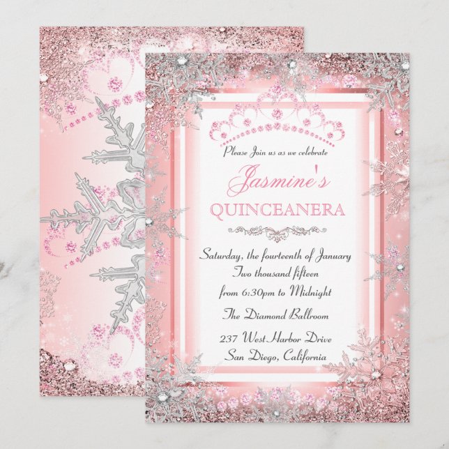 Pink Silver Winter Wonderland Quinceanera Party Invitation (Front/Back)