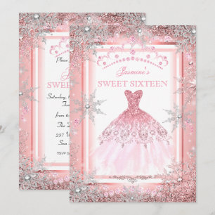Pink Silver Winter Wonderland Sweet 16 Birthday Invitation