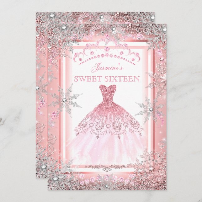 Pink Silver Winter Wonderland Sweet 16 Birthday Invitation (Front/Back)