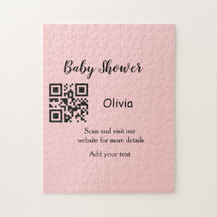 Pink simple baby shower q r code add name text thr jigsaw puzzle