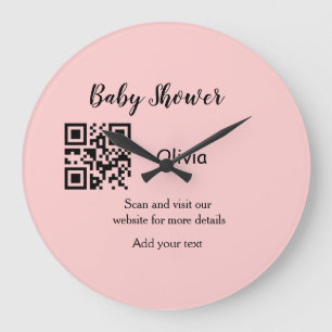 Pink simple baby shower q r code add name text thr large clock