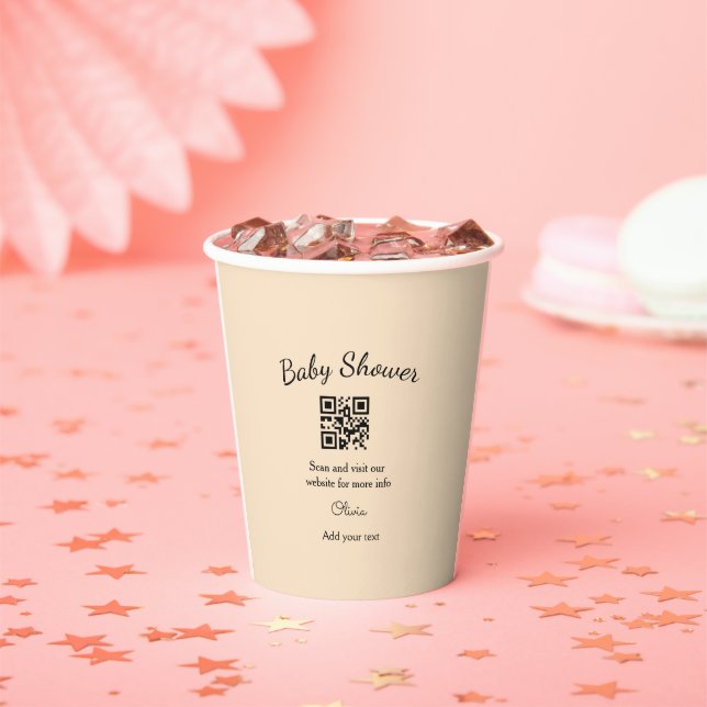 Pink simple baby shower q r code add name text thr paper cups (Insitu)