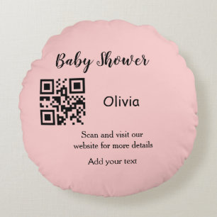 Pink simple baby shower q r code add name text thr round cushion