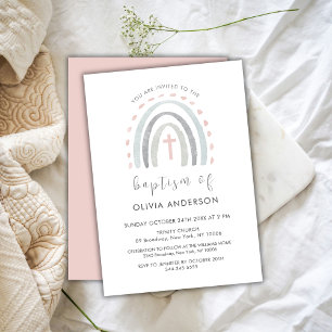 Pink Simple Boho Rainbow Cross Girl Baptism Invitation