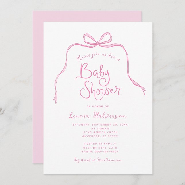 Pink Simple Bow Baby Shower Invitation (Front/Back)