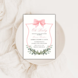 Pink Simple Bow Eucalyptus Crest Girl Baby Shower Invitation