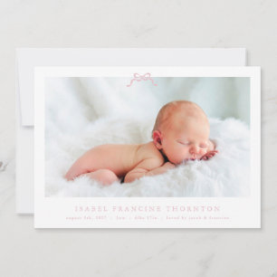 pink simple bow photo baby birth announcement