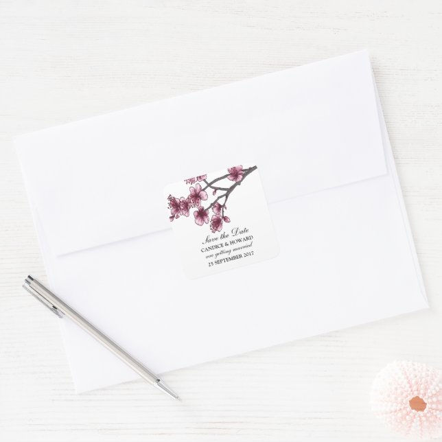 Pink Simple Cherry Blossoms Save the Date Square Sticker (Envelope)