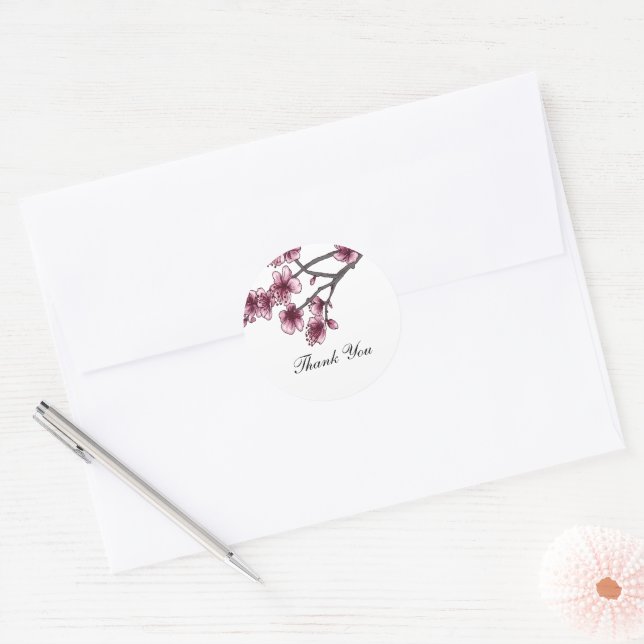 Pink Simple Cherry Blossoms Thank You Stickers (Envelope)