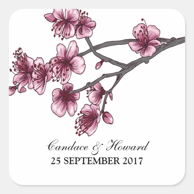Pink Simple Cherry Blossoms Wedding Stickers (Front)