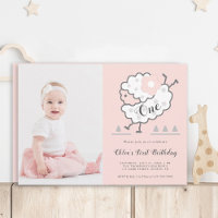 Pink Simple Cute Jumping Lamb 1st Birthday Photo