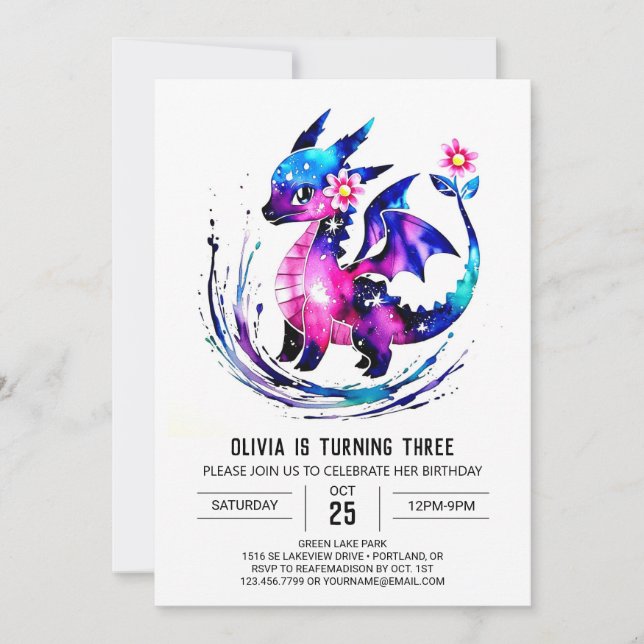 Pink Simple Dragon Digital Girl Birthday Invitation (Front)