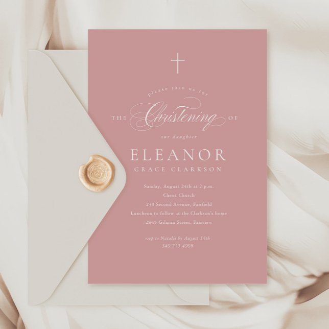 Pink Simple Elegant Cross Calligraphy Christening Invitation (Creator Uploaded)