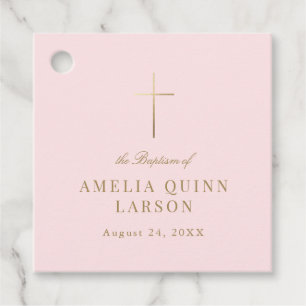 Pink Simple Elegant Gold Cross Baptism Christening Favour Tags
