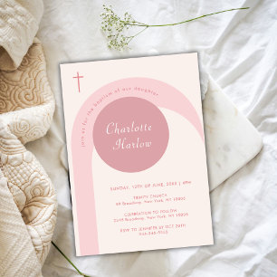 Pink Simple Modern Boho Arch Cross Girl Baptism Invitation