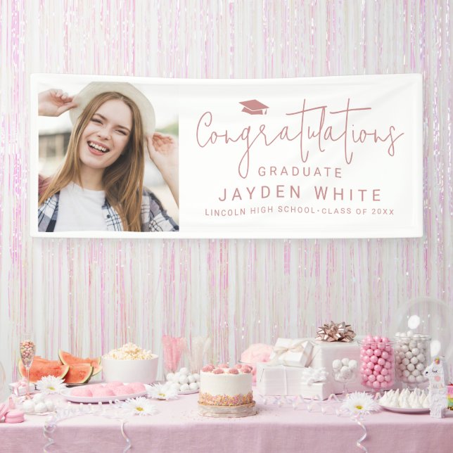 Pink Simple Modern Script Photo Graduation Party Banner (Party)