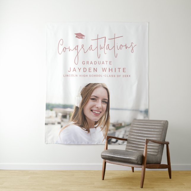 Pink Simple Modern Script Photo Graduation Party Tapestry (In Situ)