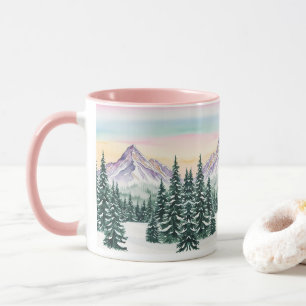 pink simple Modern xmas pine tree snow Aurora Mug