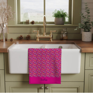 Pink simple wildflower pattern name tea towel