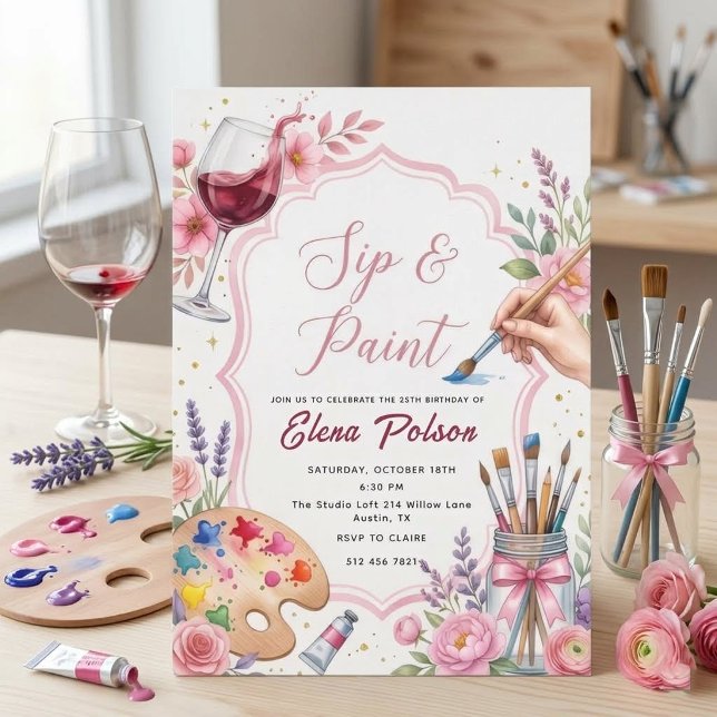 Pink Sip And Paint Birthday Invitation  (Creator Uploaded)