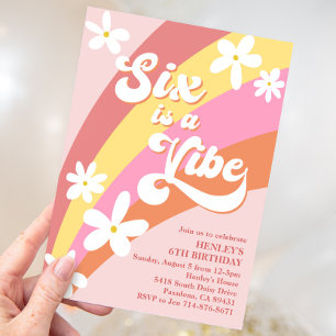 Pink Six Is a Vibe Retro Daisies Rainbow Birthday Invitation