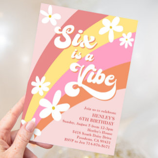 Pink Six Is a Vibe Retro Daisies Rainbow Birthday Invitation