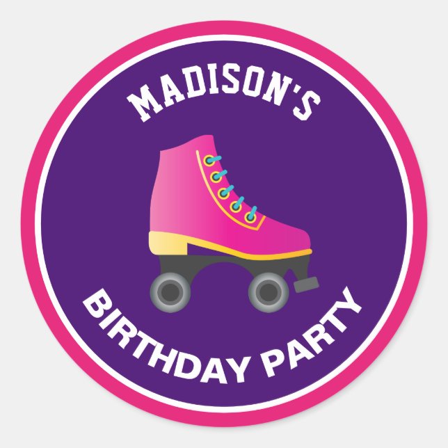 Pink Skate Roller Skating Birthday Party Favour Classic Round Sticker (Front)