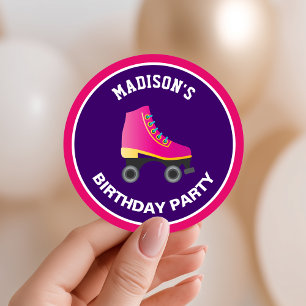 Pink Skate Roller Skating Birthday Party Favour Classic Round Sticker